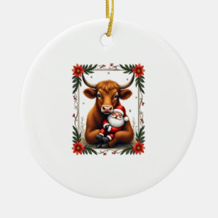 Vintage Highland Cow Santa Hug Christmas Rustic Fa Ceramic Ornament