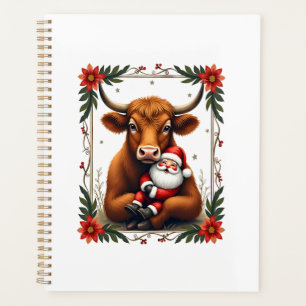Vintage Highland Cow Santa Hug Christmas Rustic Fa Planner