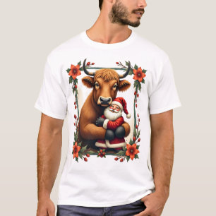 Vintage Highland Cow Santa Hug Christmas Rustic Fa T-Shirt