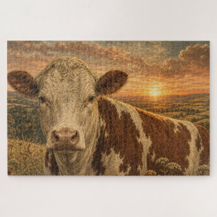 Vintage Highland Cow Sunset Illustration Jigsaw Puzzle