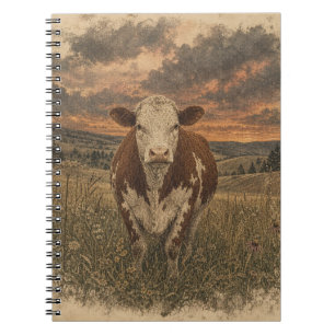 Vintage Highland Cow Sunset Illustration Notebook