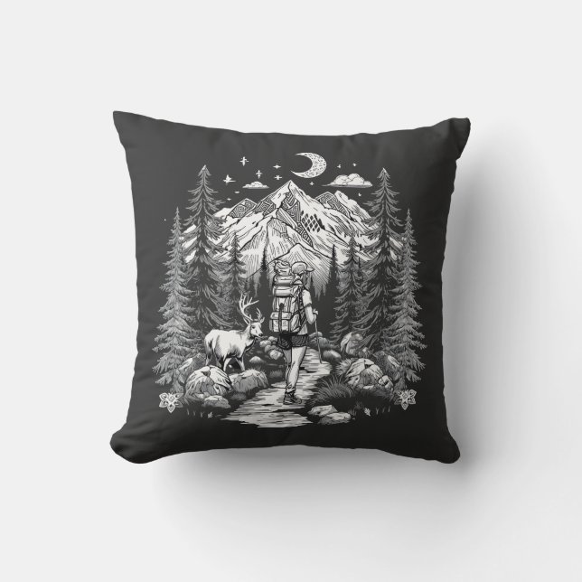 vintage hiking illustration throw pillow (Front)