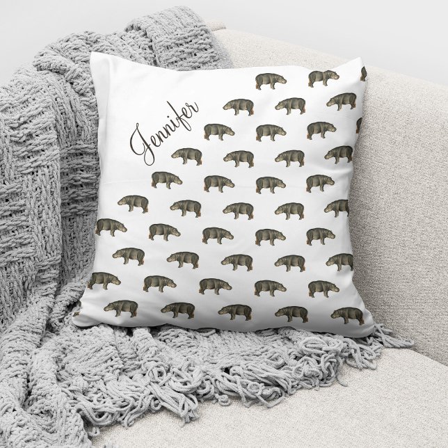 Vintage Hippo Pattern Custom Name Throw Pillow (Creator Uploaded)