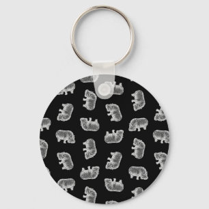 Vintage Hippo Print Pattern Hippopotamus Art Black Keychain