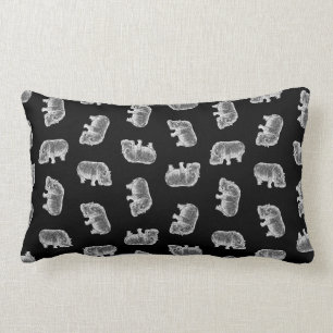 Vintage Hippo Print Pattern Hippopotamus Art Black Lumbar Pillow