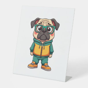 Vintage Hipster Pug Dog Cartoon Streetwear Graphic Pedestal Sign