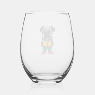 Vintage Hipster Pug Dog Cartoon Streetwear Graphic Stemless Wine Glass