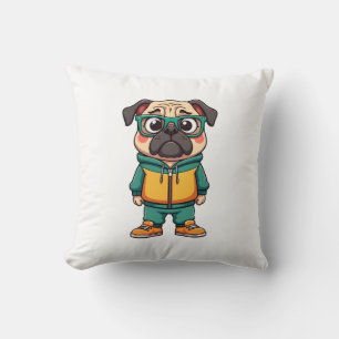 Vintage Hipster Pug Dog Cartoon Streetwear Graphic Throw Pillow
