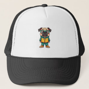 Vintage Hipster Pug Dog Cartoon Streetwear Graphic Trucker Hat