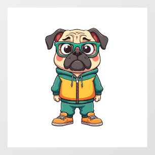 Vintage Hipster Pug Dog Cartoon Streetwear Graphic Window Cling