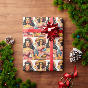 Vintage Hispanic Woman Illustration Wrapping Paper