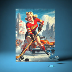 Vintage Hockey Girl Jigsaw Puzzle