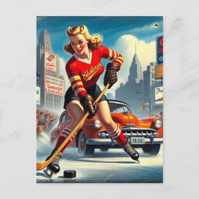 Vintage Hockey Girl Postcard (Front)
