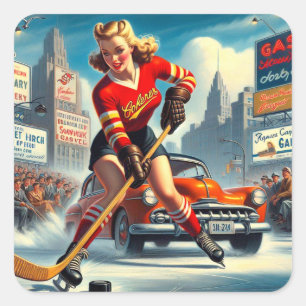 Vintage Hockey Girl Square Sticker