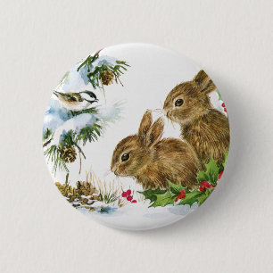 Vintage Holiday Bird and Bunnies 2 Inch Round Button