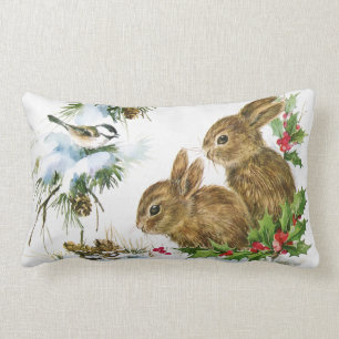 Vintage Holiday Bird and Bunnies Lumbar Pillow