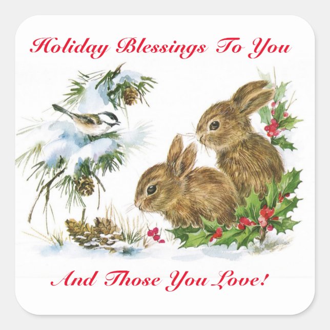 Vintage Holiday Blessings Bunnies Square Sticker (Front)