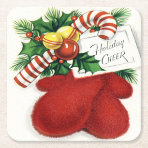 Vintage Holiday Cheer Christmas Mittens Square Paper Coaster