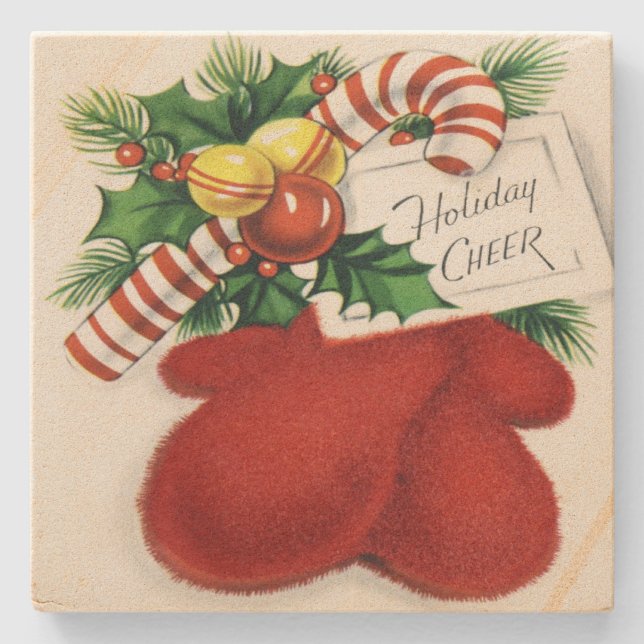 Vintage Holiday Cheer Christmas Mittens Stone Coaster (Front)