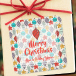 Vintage Holiday Christmas Tree Ornaments Square Sticker<br><div class="desc">Merry Christmas personalized square stickers featuring vintage Christmas tree ornaments in red, gold, purple, turquoise and mint and your greeting and name in chic lettering. All text, fonts and font colours can be modified, just click the "customize further" link. **ALL STICKER STYLES are already done for you in our store...</div>