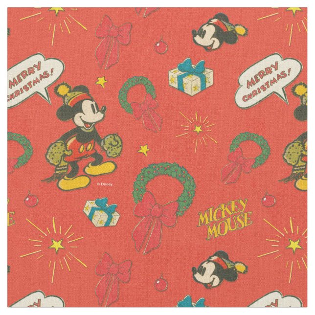 Vintage Holiday Mickey Mouse Pattern Fabric (Close Up)