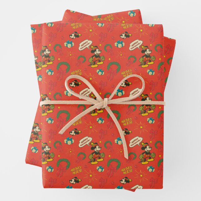 Vintage Holiday Mickey Mouse Pattern Wrapping Paper Sheet (In situ)
