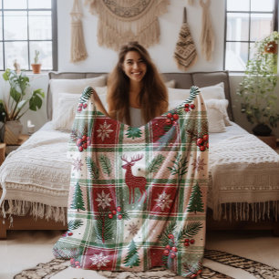 Vintage Holiday Plaid Christmas Holly Pattern Fleece Blanket