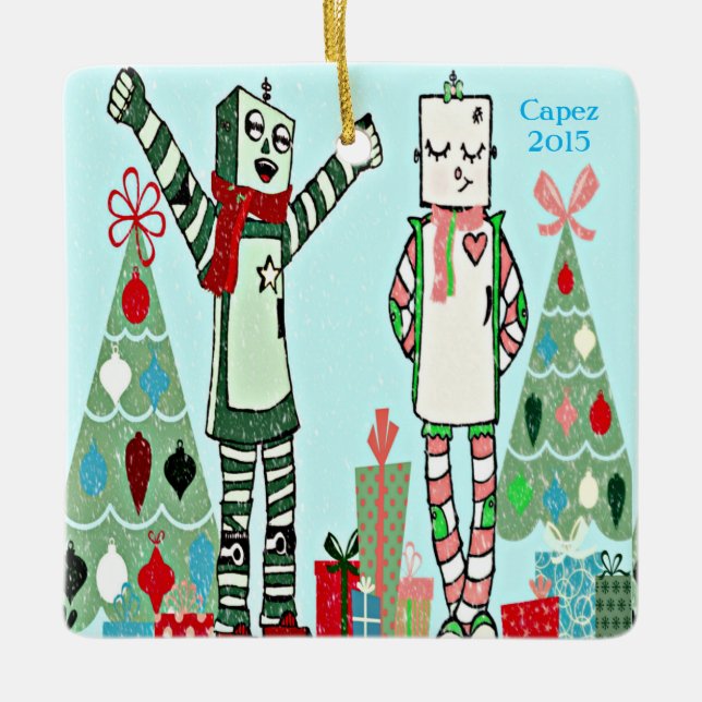 Vintage Holiday Robots and Trees Ceramic Ornament (Front)