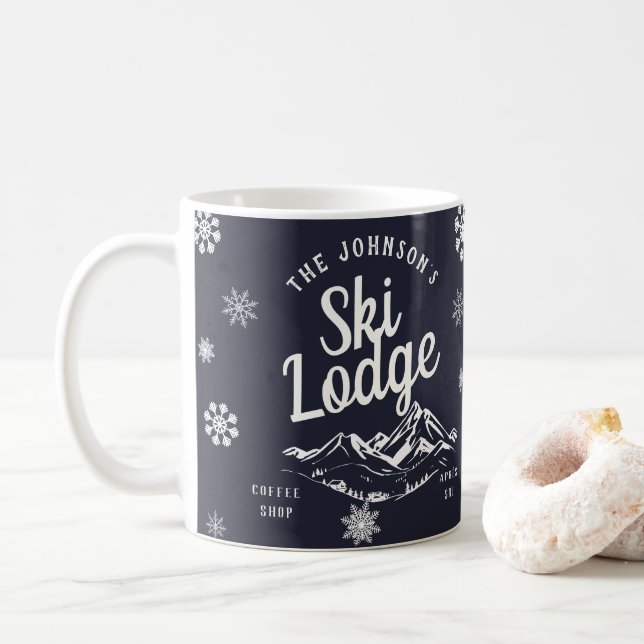 Vintage Holiday Ski Lodge Custom Family Coffee Mug (With Donut)