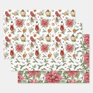 Vintage Holiday Wrapping Paper Flat Sheet Set of 3
