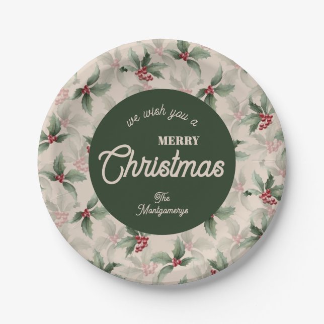 Vintage Holly and Berries Merry Christmas Paper Plate (Front)