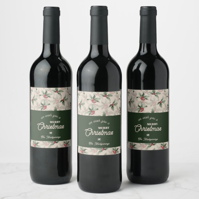 Vintage Holly and Berries Merry Christmas Wine Label (Bottles)
