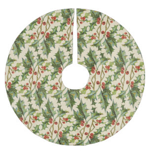 Vintage Holly and Berry Pattern Christmas Brushed Polyester Tree Skirt