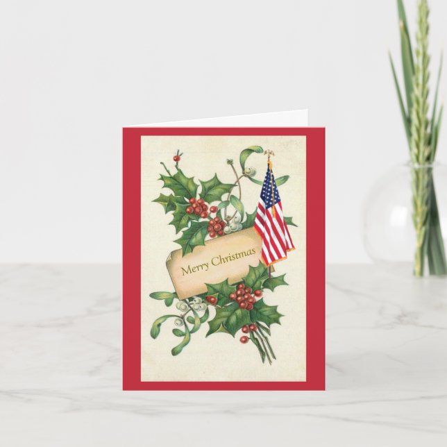 Vintage Holly Berries American Flag Holiday Card (Front)