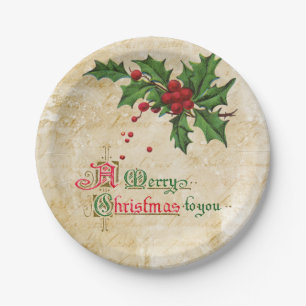 Vintage Holly Berries and Merry Christmas Message Paper Plate