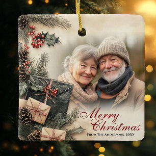 Vintage Holly Berries Beige Photo Christmas Ceramic Ornament