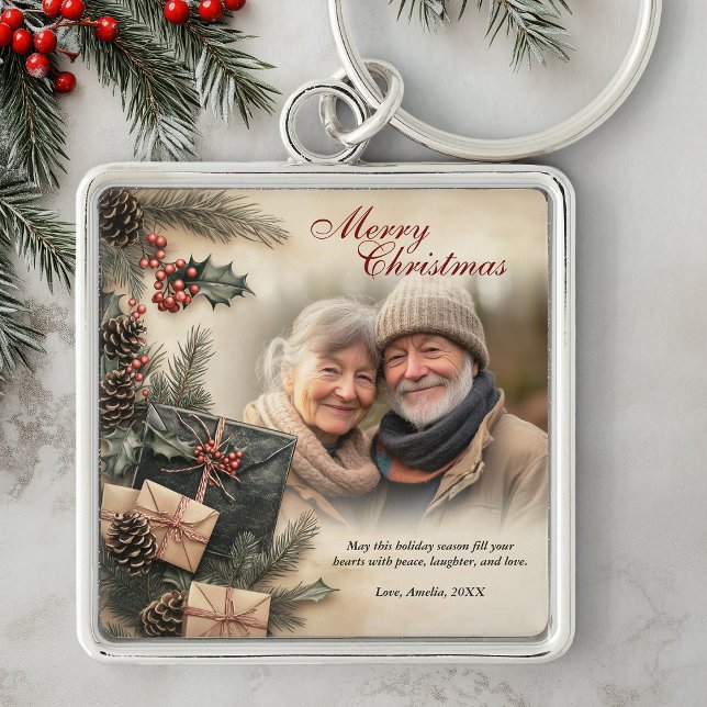 Vintage Holly Berries Beige Photo Christmas Keychain (Vintage Holly Berries Beige Photo Christmas Keychain)