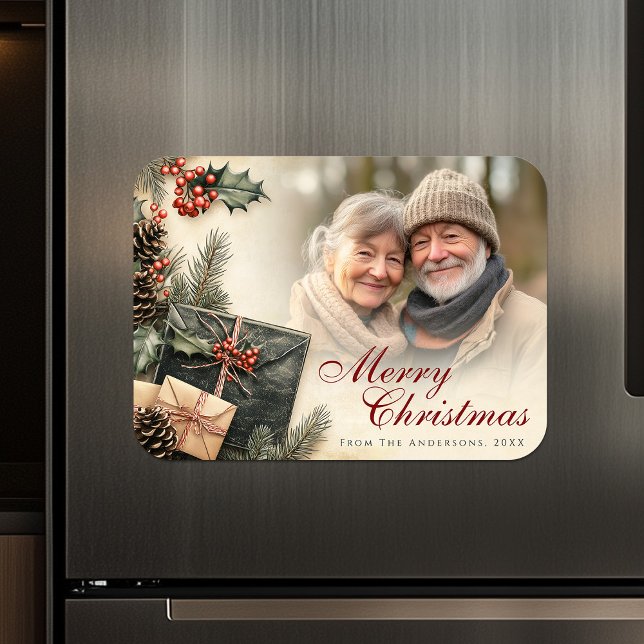 Vintage Holly Berries Beige Photo Christmas Magnet (Vintage Holly Berries Beige Photo Christmas Magnet)