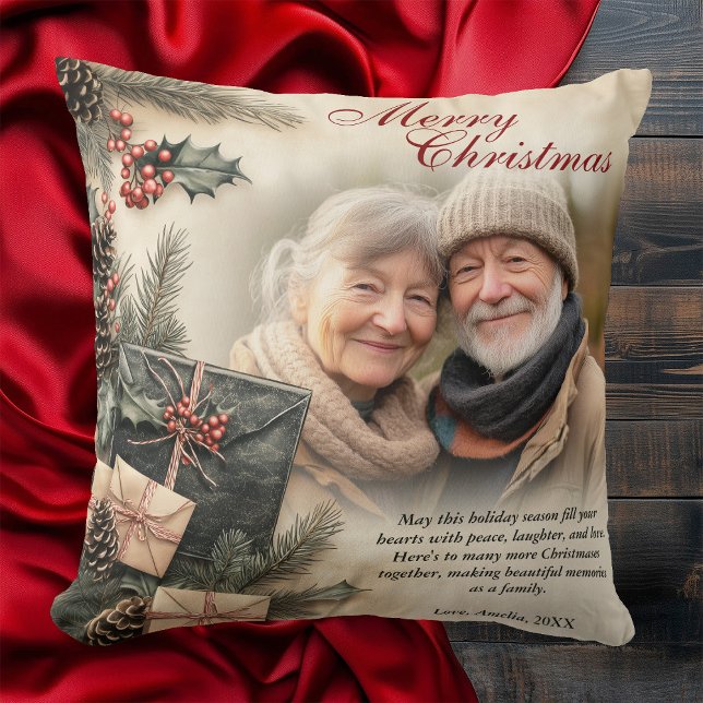 Vintage Holly Berries Beige Photo Christmas Throw Pillow (Vintage Holly Berries Beige Photo Christmas Throw Pillow)