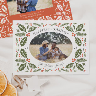 Vintage Holly Berries Oval Photo   Green and Red Holiday Card