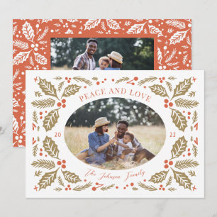 Vintage Holly Berries Oval Photo   Red and Golden Holiday Card