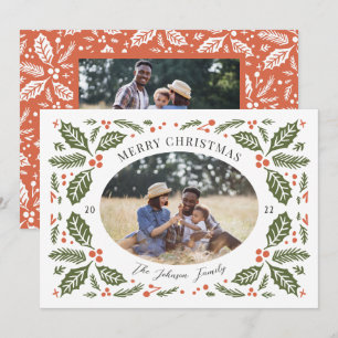 Vintage Holly Berries Oval Photo Red and Green Holiday Card