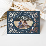 Vintage Holly Berries Photo Christmas Navy Blue Foil Holiday Card<br><div class="desc">This classic and elegant holiday photo card features our original hand drawn winter foliage that frames the photo and curved type. The back features a matching pattern with photo and additional text.</div>