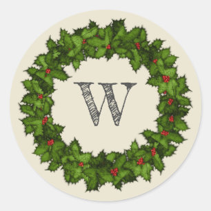 Vintage Holly Berries Wreath Grey Monogram Classic Round Sticker
