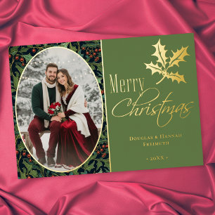 Vintage Holly Berry Green Merry Christmas Foil Holiday Card