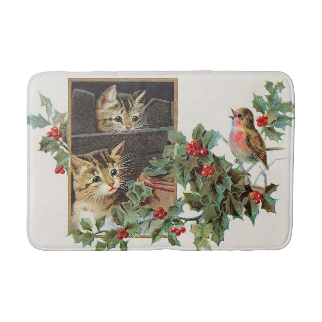 Vintage holly cats and bird  bath mat (Front)
