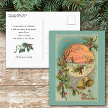 Vintage Holly, Christmas Bells and Snow Scene Postcard<br><div class="desc">Colourful Victorian Christmas greeting card illustration featuring brass bells,  A Merry Christmas greeting in ornate typography,  starry sky and round inset with vignette of a man carrying a Christmas tree in the snow with trees and village at sunset. Background colour is customizable. Back features complementary graphics and text fields.</div>