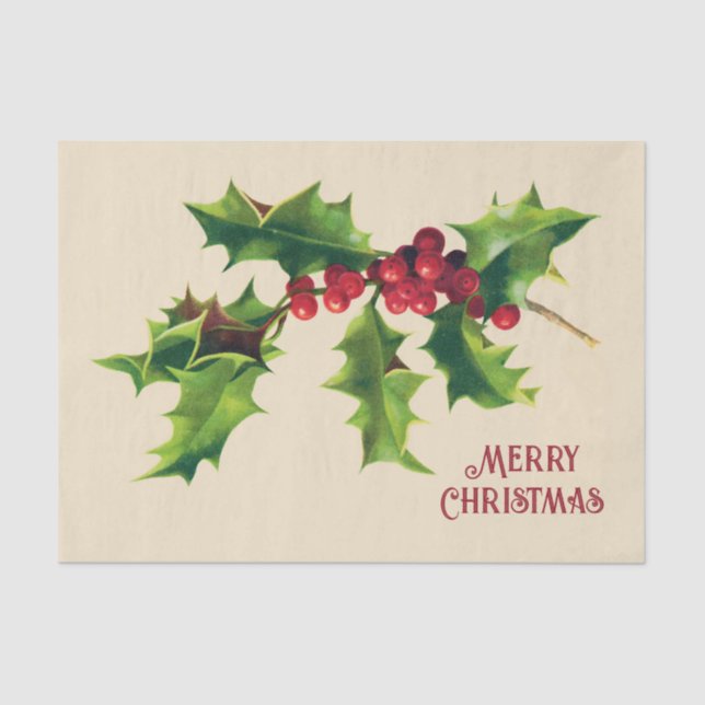 Vintage Holly Christmas Greeting  Tissue Paper (Front)