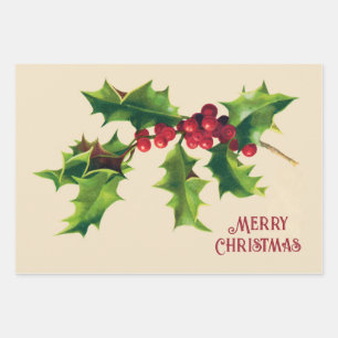 Vintage Holly Christmas Greeting Wrapping Paper Sheet