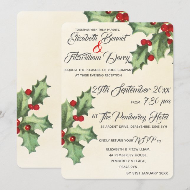 Vintage Holly Evening Invitation (Front/Back)